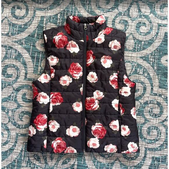 Loft Floral Quilted Puffer Vest Red & Pink Roses on Black - Size M - Picture 2 of 11